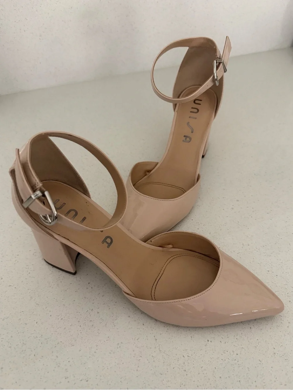 Unisa Beige Patent Pointed-Toe Ankle-Strap Heels
